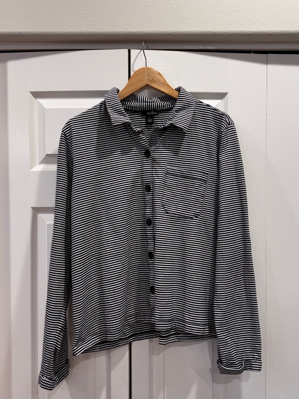 Erika Black and White Striped Casual Button‑Down Shirt